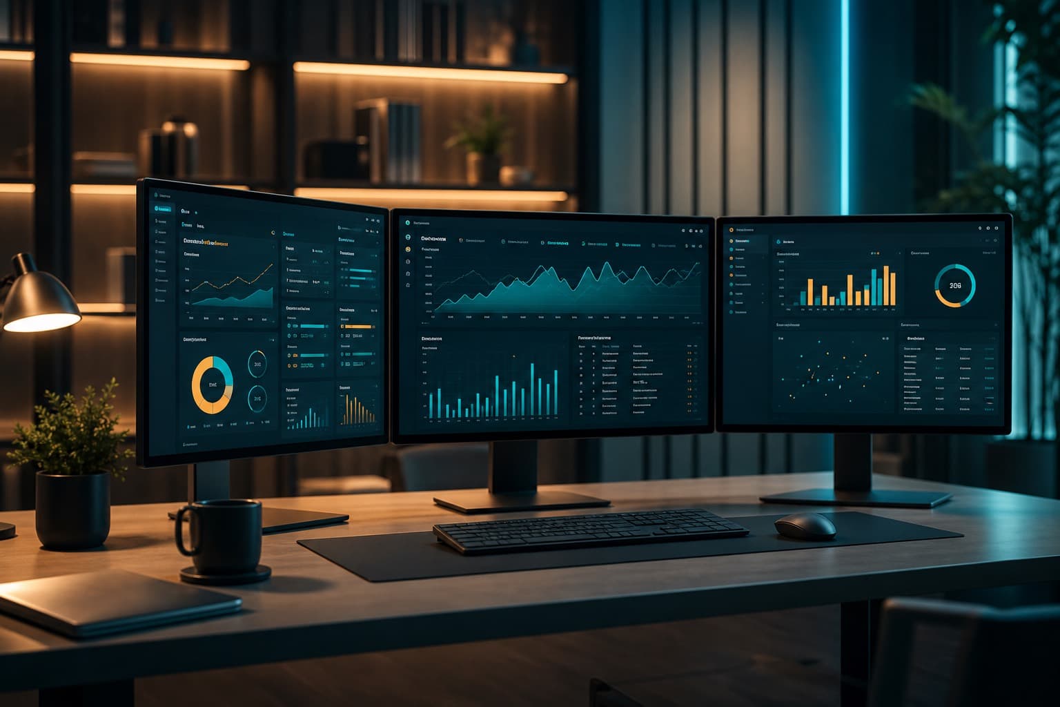 Monitors displaying business software dashboards and analytics.