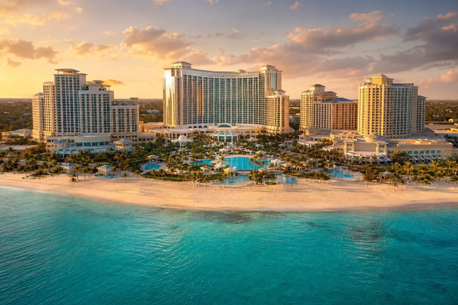 The Baha Mar resort on Cable Beach, Nassau — an arc of beachfront towers and turquoise pools at golden hour.